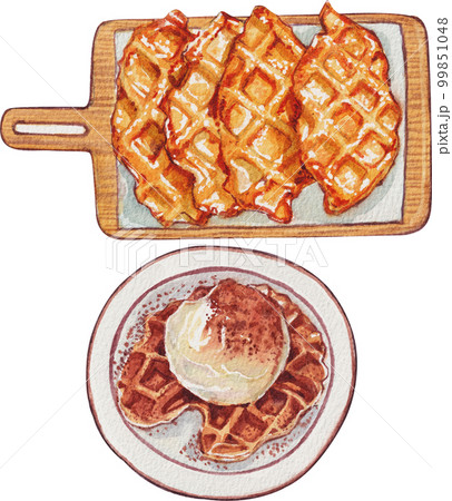 Homemade Croissant Waffle Croffles with Berries and Cream watercolor 99851048