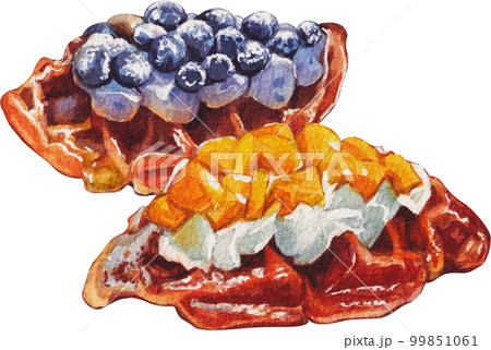 Homemade Croissant Waffle Croffles with Berries and Cream watercolor Homemade Croissant Waffle Croffles with Berries and Cream watercolor 99851061