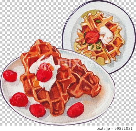 Homemade Croissant Waffle Croffles with Berries and Cream watercolor 99851081