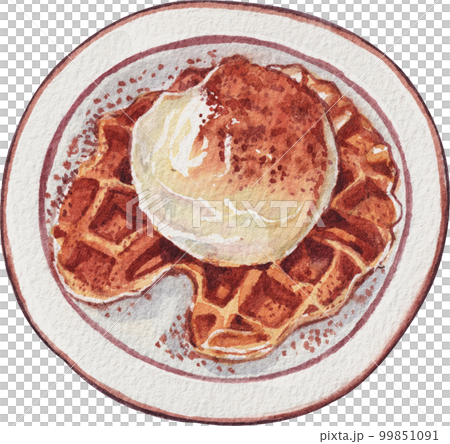 Homemade Croissant Waffle Croffles with Berries and Cream watercolor 99851091