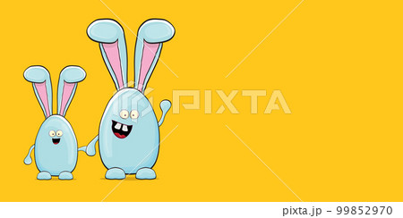Cartoon funny cartoon blue easter bunny isolated on orange horizontal banner background. Easter hand drawn blue cute rabbit sticker or label 99852970