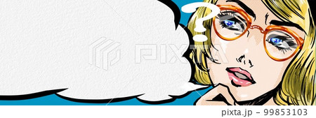 60年代アメコミ風金髪メガネ美女が疑問に思い首を傾げる顔のワイドサイズカラーイラスト 99853103