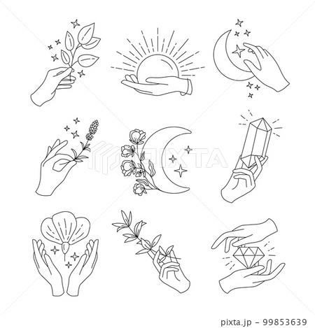 Simple hand logo, boho emblems, esoteric logotype design. Magic feminine touch, delicate crystals, star and flowers, clean monogram for jewelry label. Line elements. Vector design symbols set 99853639
