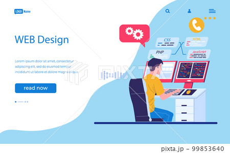 Web design landing page. Developer programming software. Man working at computer. Backend java coder. Professional engineer creating internet service. Vector website interface template 99853640