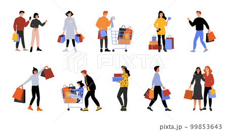People shop in discount. Persons with shopping carts and bags. Men and women making purchase in mall. Customers buy or shoes and clothing. Store buyers set. Vector illustration collection 99853643