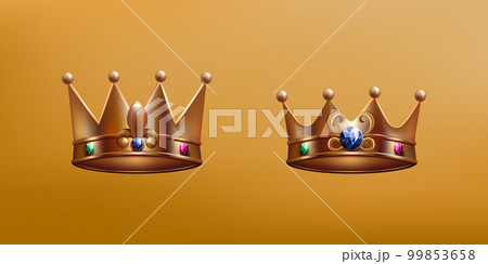 3D golden king and queen crown. Gems on monarchy cape. Antique prince or princess coronation in kingdom. Imperial diadems. Royal jewelry headwear set. Vector realistic heraldic icons 99853658