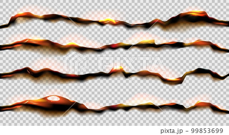 Burning paper frame, hot fire. Smouldering parchment edges, uneven black broken sheets, burnt flame. Scrapbook grunge texture. Vector realistic elements isolated on transparent background 99853699