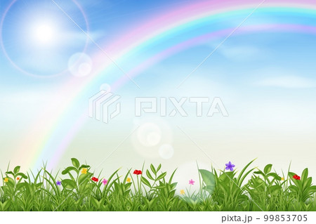 Realistic sky clouds, grass garden. Spring green lawn, blue air with clouds and rainbow, bright sun, outdoor environment, rural park or field. Meadow landscape. Vector illustration background Realistic sky clouds, grass garden. Spring green lawn, blue air with clouds and rainbow, bright sun, outdoor environment, rural park or field. Meadow landscape. Vector illustration background 99853705