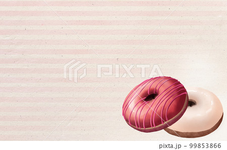 ピンク&ホワイトチョコレート ドーナツ2つ レトロな横ストライプ背景 差分あり ピンク&ホワイトチョコレート ドーナツ2つ レトロな横ストライプ背景 差分あり 99853866