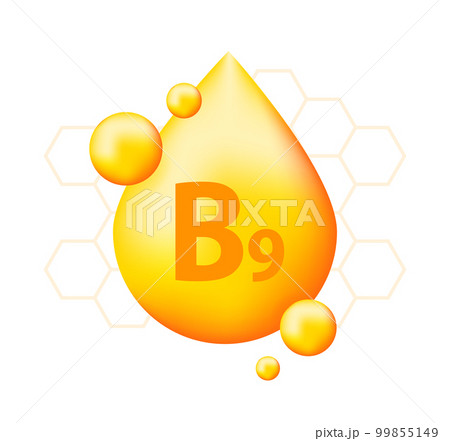 Vitamin B9 with realistic drop. Particles of vitamins in the middle. 99855149