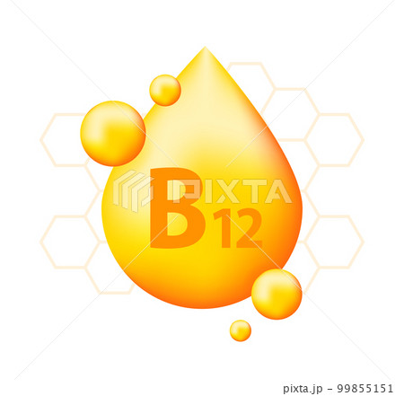 Vitamin B12 with realistic drop. Particles of vitamins in the middle. 99855151