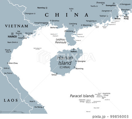 Hainan, southernmost province of China, and surrounding area, gray political map. Hainan Island, and Paracel Islands in the South China Sea, south of the Leizhou Peninsula, and east of Gulf of Tonkin. 99856003