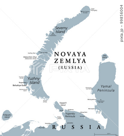 Novaya Zemlya, archipelago in northern Russia, gray political map. Situated in the Arctic Ocean, consisting of Severny Island and Yuzhny Island. Nuclear weapons testing venue during much of Cold War. 99856004
