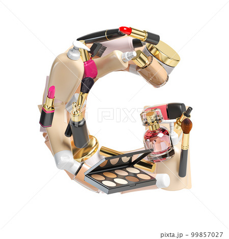 Letter G. Alphabet from cosmetics, make up and beauty products isolated on white. 99857027