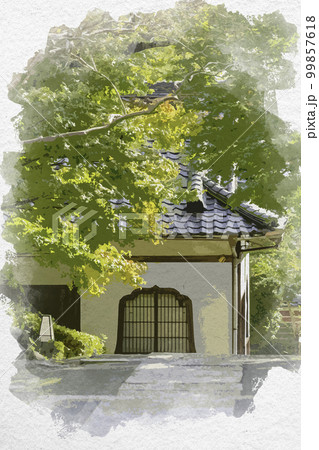 水彩画風　當麻寺　奥院　境内　奈良県葛城市 99857618