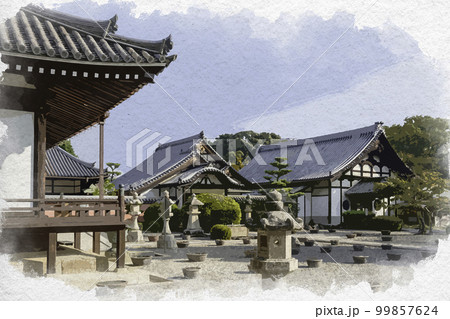 水彩画風　當麻寺　奥院　庫裏　奈良県葛城市 99857624