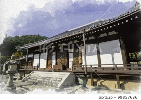 水彩画風　當麻寺　奥院　御影堂（本堂）　奈良県葛城市 99857636