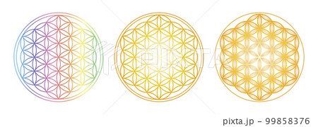 神聖幾何学フラワーオブライフ、虹色とゴールド、幸運と金運のイラスト