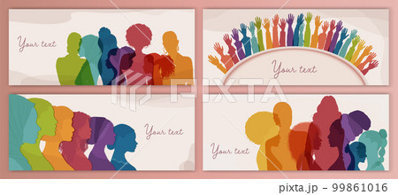 Silhouette group of multicultural women. Female social community of diverse culture.Racial equality. Colleagues. Empowerment or inclusion.Template banner poster. International Womens day 99861016