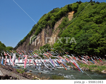 白石川材木岩公園で泳ぐこいのぼり 99861063