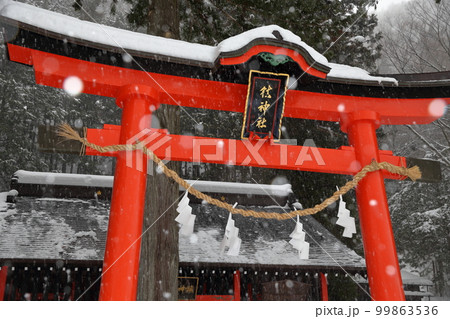雪が舞う神社の鳥居(鎮神社 奈良井宿 長野県 塩尻市) 雪が舞う神社の鳥居(鎮神社 奈良井宿 長野県 塩尻市) 99863536