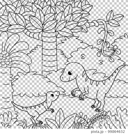森の中にいる恐竜の親子の塗り絵 99864632