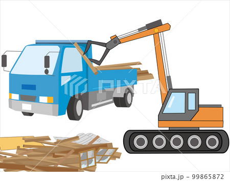 重機で木造住宅の解体工事の作業をしている。 99865872