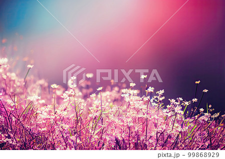 Peaceful idyllic illustration of a field bathed in soft pink hues, dotted with cheerful white flowers . war or late evening sun creates a tranquil atmosphere, capturing the serenity of nature beauty. Peaceful idyllic illustration of a field bathed in soft pink hues, dotted with cheerful white flowers . war or late evening sun creates a tranquil atmosphere, capturing the serenity of nature beauty. 99868929