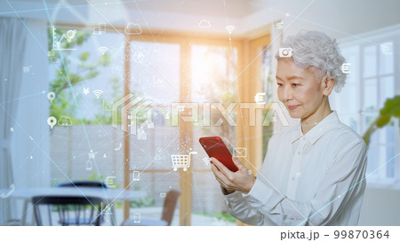 スマホを使うシニア女性　IoT　DX 99870364