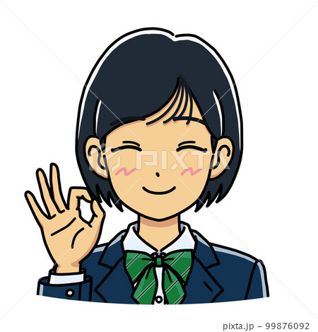 片手でOKのハンドサインをする女子学生のイラスト(バストアップ) 片手でOKのハンドサインをする女子学生のイラスト(バストアップ) 99876092