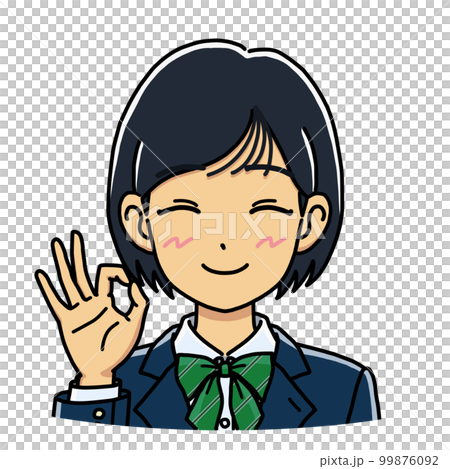 片手でOKのハンドサインをする女子学生のイラスト(バストアップ) 片手でOKのハンドサインをする女子学生のイラスト(バストアップ) 99876092
