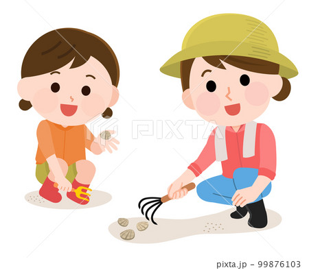 潮干狩りを楽しむ母親と女の子　イラスト 99876103