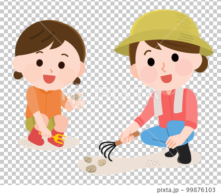 潮干狩りを楽しむ母親と女の子　イラスト 99876103