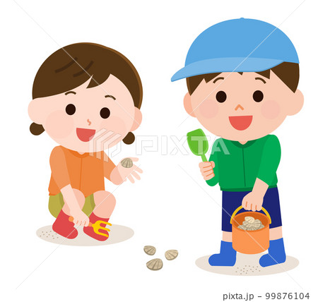 潮干狩りを楽しむ男の子と女の子　イラスト 99876104
