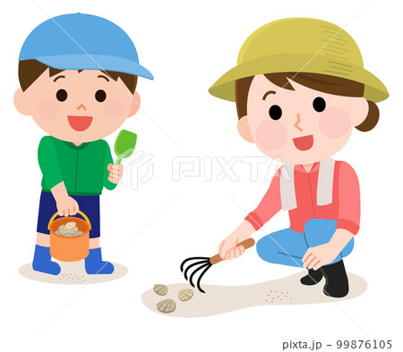 潮干狩りを楽しむ母親と男の子　イラスト 99876105