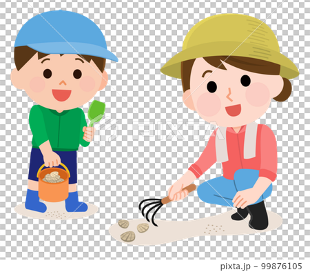 潮干狩りを楽しむ母親と男の子　イラスト 99876105