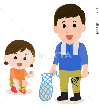 潮干狩りを楽しむ父親と女の子　イラスト 99876106