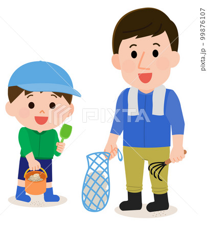 潮干狩りを楽しむ父親と男の子 イラスト 潮干狩りを楽しむ父親と男の子 イラスト 99876107