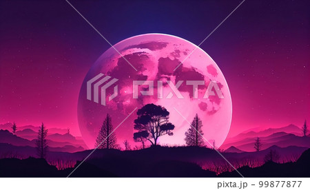 A gradient background that fades from purple to pink, with a full moon in the foreground, Generative AI, illustration 99877877