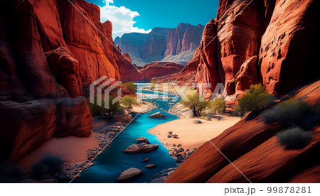 A canyon with a river running through it, surrounded by red rocks and a bright blue sky, Generative AI, illustration 99878281