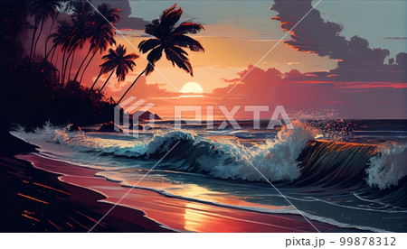A beach at sunset, with the waves crashing on the shore and palm trees swaying in the breeze, Generative AI, illustration A beach at sunset, with the waves crashing on the shore and palm trees swaying in the breeze, Generative AI, illustration 99878312