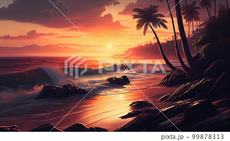 A beach at sunset, with the waves crashing on the shore and palm trees swaying in the breeze, Generative AI, illustration A beach at sunset, with the waves crashing on the shore and palm trees swaying in the breeze, Generative AI, illustration 99878313