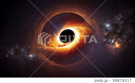 A black hole surrounded by a bright accretion disk, with stars visible in the background, Generative AI, illustration 99878317