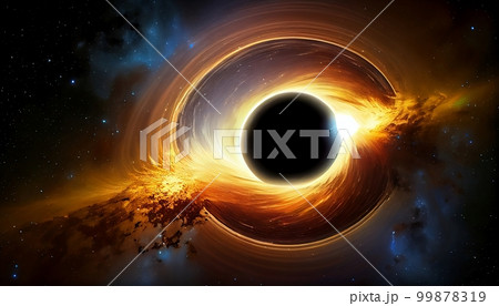 A black hole surrounded by a bright accretion disk, with stars visible in the background, Generative AI, illustration 99878319