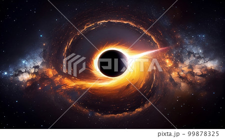 A black hole surrounded by a bright accretion disk, with stars visible in the background, Generative AI, illustration 99878325
