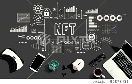 NFT theme with electronic gadgets and office supplies 99878451