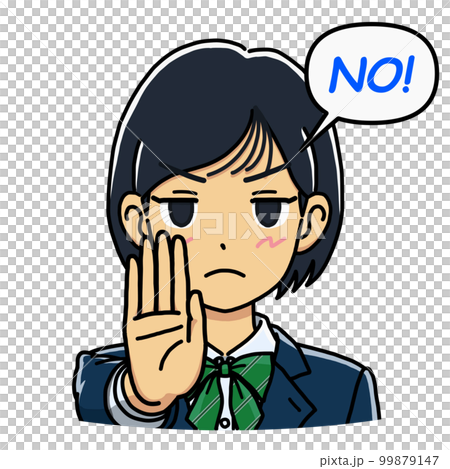 Illustration of a female student who makes a refusal pose while saying "NO" (blue letters) 99879147