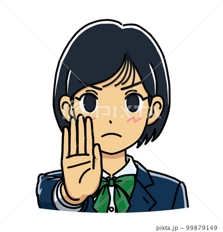 手のひらを前に出して拒否ポーズをする女子学生のイラスト（バストアップ） 99879149