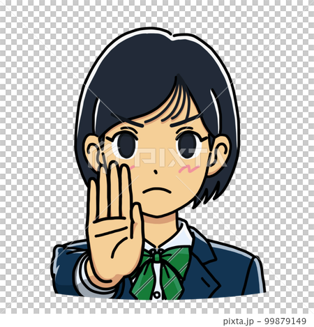 手のひらを前に出して拒否ポーズをする女子学生のイラスト（バストアップ） 99879149