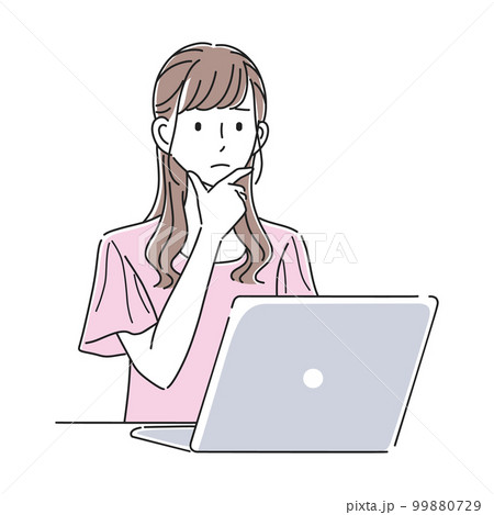 ノートパソコンの前で困った表情をする女性のイラスト素材 99880729